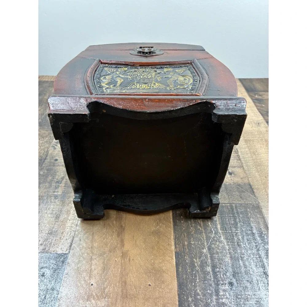 Vintage Wooden Treasure Chest Jewelry Box Cherub Relief Brown Gold Small Trunk